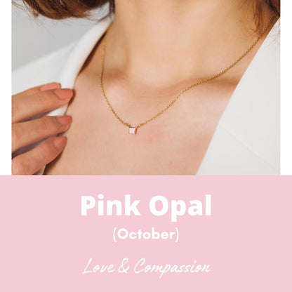 Natural Pink Opal Necklace for Women - Authentic 925 Sterling Silver 18K Gold Jewelry, Dainty Minimalist Square Pink Opal Pendant Necklace for Teen Girls, October Birthstone Gift for Mothers Day