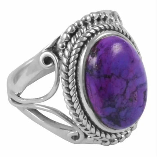 Natural Purple Turquoise Silver color Ring Large Stone HANDMADE GEMSTONE Ring Vintage Style Rings Wedding Engagement Party Jewelry Size 5 - 11 Bague Femme - WORLD TIME VISITS