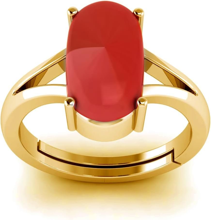Natural Red Coral Moonga Certified Jewelry Gifts Ring 8.20 Carat Astrological Birthstone 22K Gold Plated Adjustable Ring for Men or Women - WORLD TIME VISITS