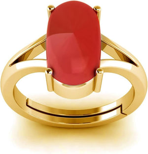 Natural Red Coral Moonga Certified Jewelry Gifts Ring 8.20 Carat Astrological Birthstone 22K Gold Plated Adjustable Ring for Men or Women