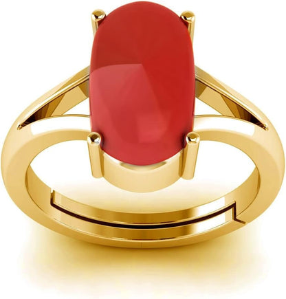 Natural Red Coral Moonga Certified Jewelry Gifts Ring 8.20 Carat Astrological Birthstone 22K Gold Plated Adjustable Ring for Men or Women - WORLD TIME VISITS
