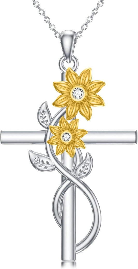 Nature Diamond Sunflower Cross Necklace for Women, 18K Gold Plated Sterling Silver Flower Pendant Necklace Mother'S Day Jewelry Gifts for Her, 18" - 20" - WORLD TIME VISITS