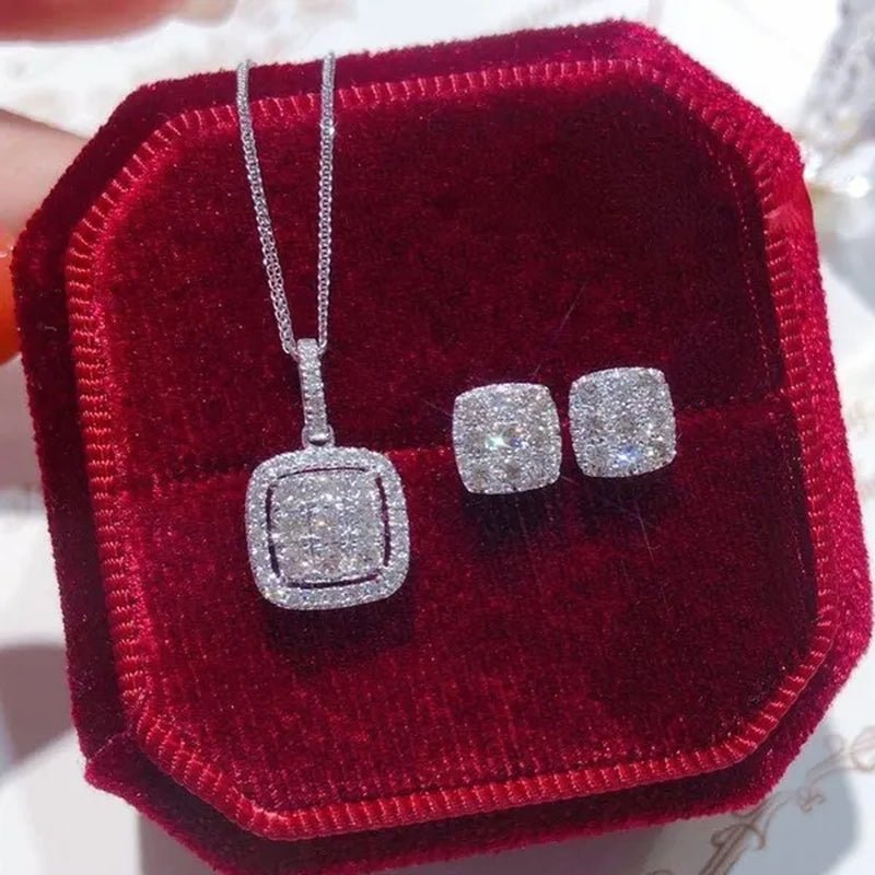 Necklace Earring Jewelry 925 Silver Micro Pave Diamond Square Pendant Necklace for Women Bridal Wedding Clavicle Necklace - WORLD TIME VISITS