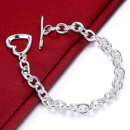 New 925 Sterling Silver through Heart Bracelet Bangle for Men Women Fashion Party Wedding Jewelry Valentine'S Gift