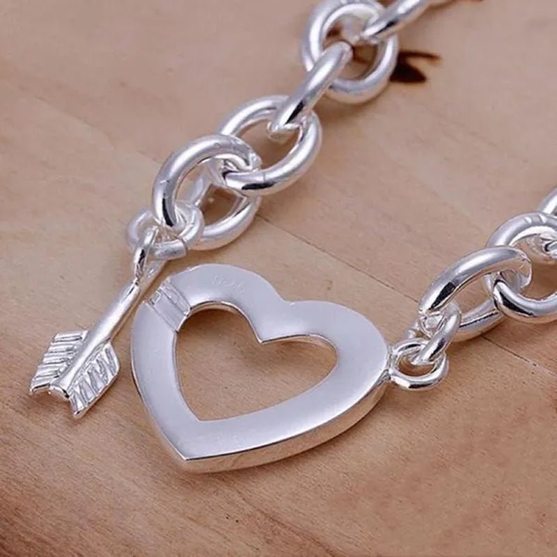 New 925 Sterling Silver through Heart Bracelet Bangle for Men Women Fashion Party Wedding Jewelry Valentine'S Gift