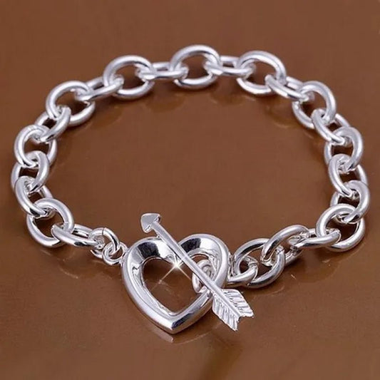 New 925 Sterling Silver through Heart Bracelet Bangle for Men Women Fashion Party Wedding Jewelry Valentine'S Gift - WORLD TIME VISITS