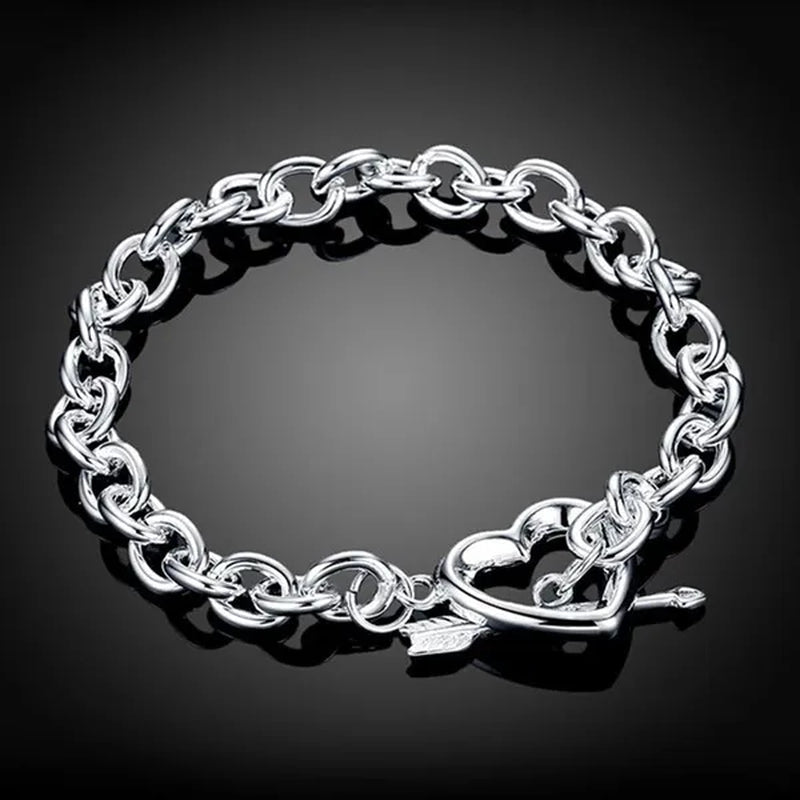 New 925 Sterling Silver through Heart Bracelet Bangle for Men Women Fashion Party Wedding Jewelry Valentine'S Gift - WORLD TIME VISITS