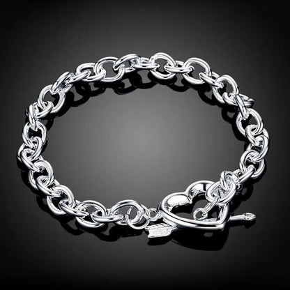 New 925 Sterling Silver through Heart Bracelet Bangle for Men Women Fashion Party Wedding Jewelry Valentine'S Gift - WORLD TIME VISITS