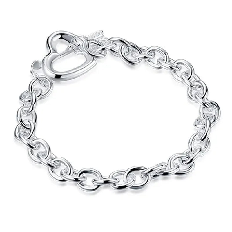 New 925 Sterling Silver through Heart Bracelet Bangle for Men Women Fashion Party Wedding Jewelry Valentine'S Gift