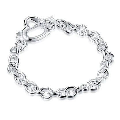 New 925 Sterling Silver through Heart Bracelet Bangle for Men Women Fashion Party Wedding Jewelry Valentine'S Gift