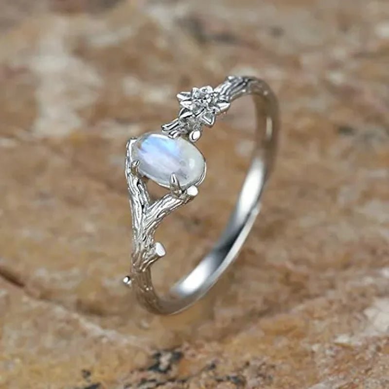 New Antique Silver Natural Moonstone Ring Branch Ring Anniversary Birthday Christmas Gift Jewelry Ladies Girls