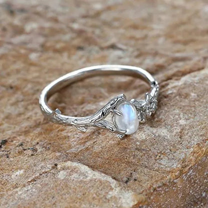 New Antique Silver Natural Moonstone Ring Branch Ring Anniversary Birthday Christmas Gift Jewelry Ladies Girls