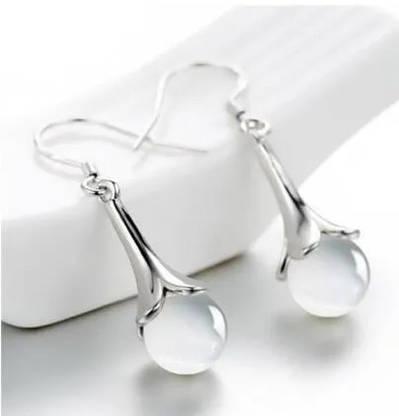 NEW ARRIVAL 925 Sterling Silver Long Earring Simple Round Moonstone Dashing Woman Huggie Stud Christmas Birthday Gift Diamond Jewelry Bridal Lady Earrings - WORLD TIME VISITS