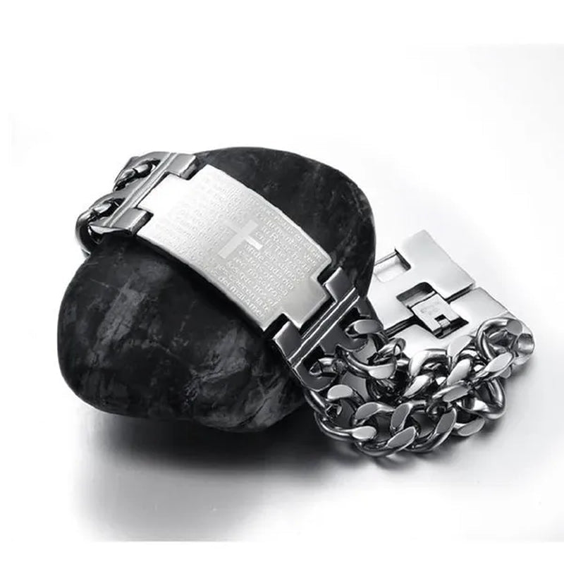 New Arrive Men's Fashion Jewelry Punk Rock Wide Silver 316L Stainless Steel Holy Bible Cross Link Chain Bracelet Bangle , Mens Gift BY EZMAX