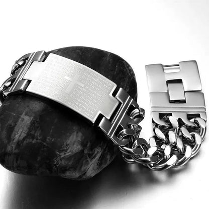 New Arrive Men's Fashion Jewelry Punk Rock Wide Silver 316L Stainless Steel Holy Bible Cross Link Chain Bracelet Bangle , Mens Gift BY EZMAX - WORLD TIME VISITS
