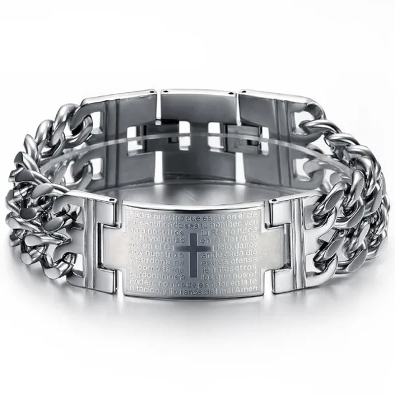 New Arrive Men's Fashion Jewelry Punk Rock Wide Silver 316L Stainless Steel Holy Bible Cross Link Chain Bracelet Bangle , Mens Gift BY EZMAX - WORLD TIME VISITS