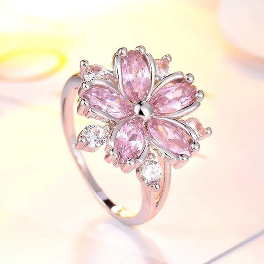 New Elegant Fashion Cherry Blossom Princess Engagement Ring Bridal Romantic Cherry Blossom Zircon Women's Ring Party Gift Pink Ring - WORLD TIME VISITS
