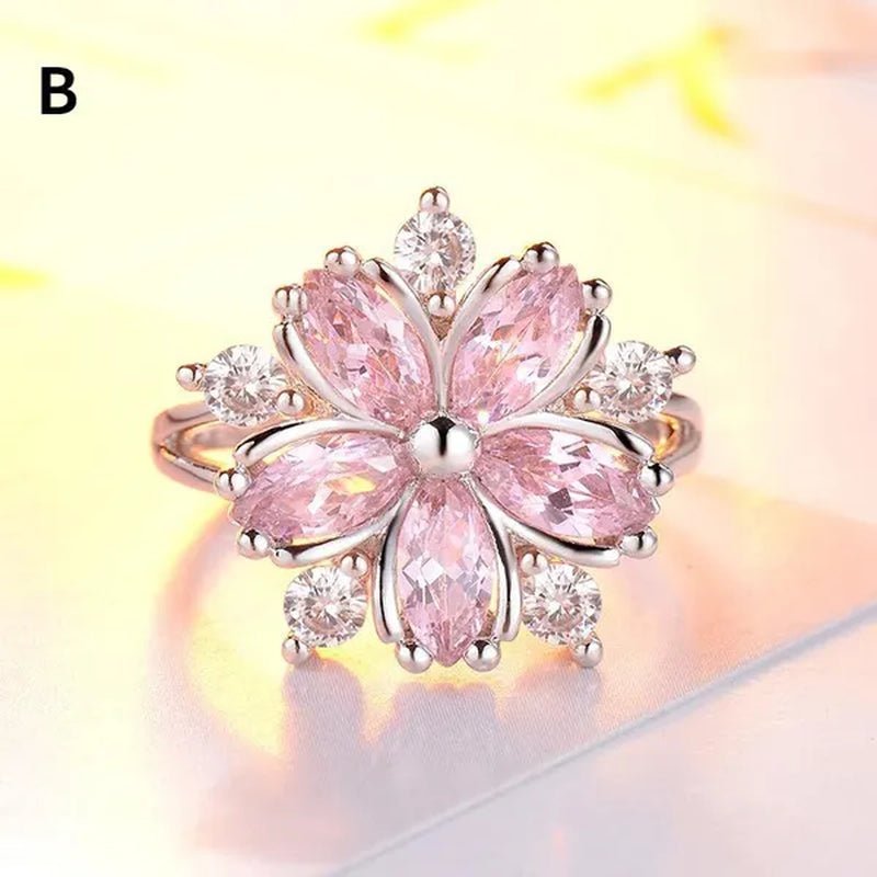 New Elegant Fashion Cherry Blossom Princess Engagement Ring Bridal Romantic Cherry Blossom Zircon Women's Ring Party Gift Pink Ring
