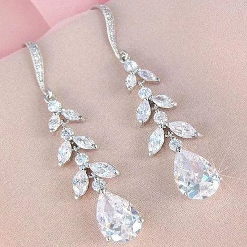 New Fashion Leaf Shape Cubic Zircon Teardrop Dangle Earring for Women Engagement Party Jewelry Lover Gift - WORLD TIME VISITS