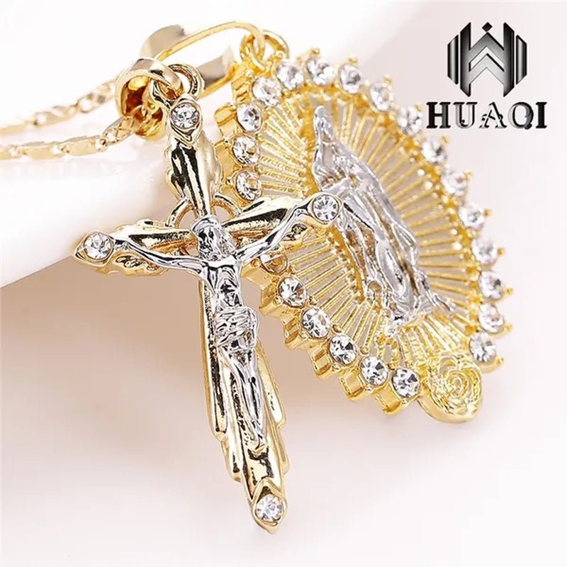 New Fashion18k Gold Plated Setting CZ Diamond Virgin Mary Necklace + Cross Necklace INRI Crucifix Jesus Piece Pendant Women Jewelry Christmas Gifts