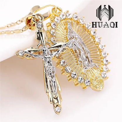 New Fashion18k Gold Plated Setting CZ Diamond Virgin Mary Necklace + Cross Necklace INRI Crucifix Jesus Piece Pendant Women Jewelry Christmas Gifts