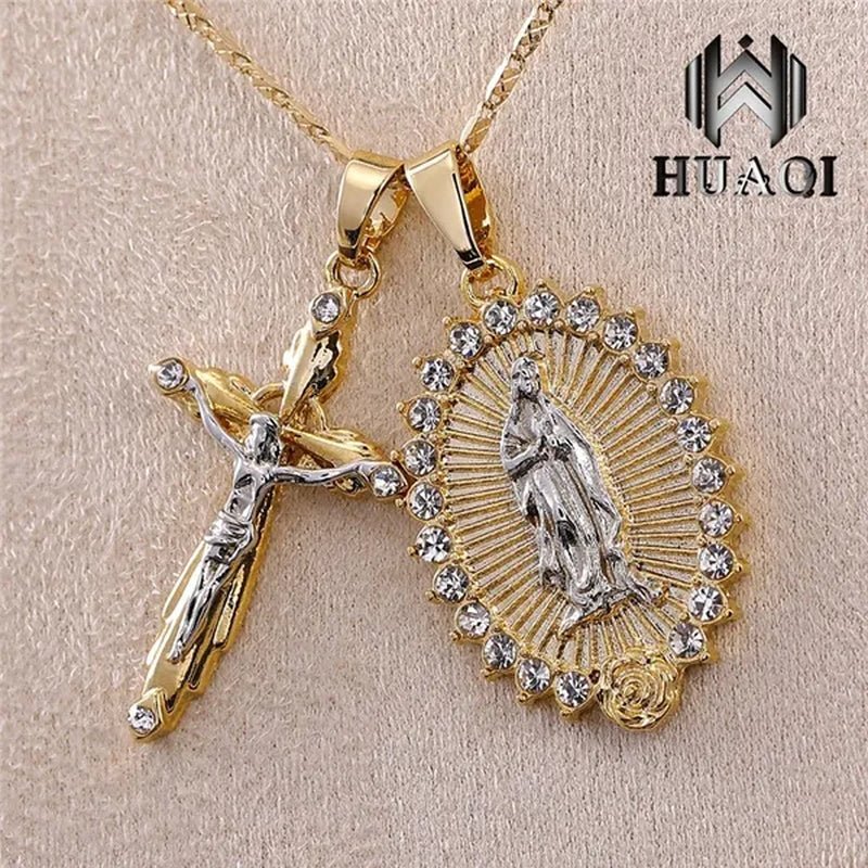 New Fashion18k Gold Plated Setting CZ Diamond Virgin Mary Necklace + Cross Necklace INRI Crucifix Jesus Piece Pendant Women Jewelry Christmas Gifts