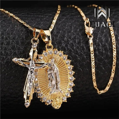 New Fashion18k Gold Plated Setting CZ Diamond Virgin Mary Necklace + Cross Necklace INRI Crucifix Jesus Piece Pendant Women Jewelry Christmas Gifts - WORLD TIME VISITS