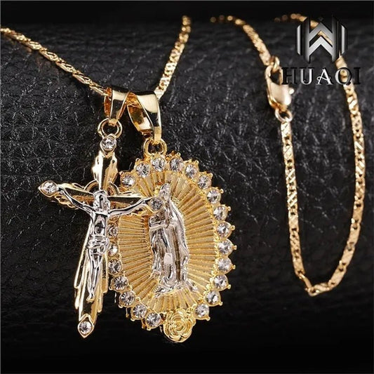 New Fashion18k Gold Plated Setting CZ Diamond Virgin Mary Necklace + Cross Necklace INRI Crucifix Jesus Piece Pendant Women Jewelry Christmas Gifts - WORLD TIME VISITS