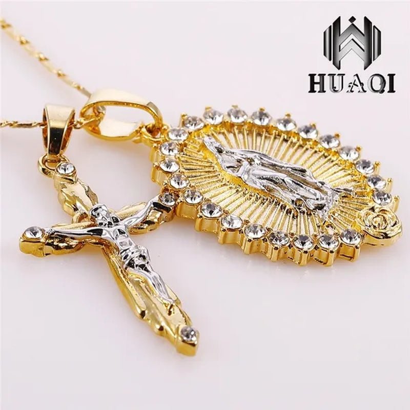 New Fashion18k Gold Plated Setting CZ Diamond Virgin Mary Necklace + Cross Necklace INRI Crucifix Jesus Piece Pendant Women Jewelry Christmas Gifts