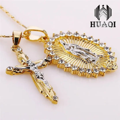 New Fashion18k Gold Plated Setting CZ Diamond Virgin Mary Necklace + Cross Necklace INRI Crucifix Jesus Piece Pendant Women Jewelry Christmas Gifts
