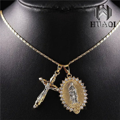 New Fashion18k Gold Plated Setting CZ Diamond Virgin Mary Necklace + Cross Necklace INRI Crucifix Jesus Piece Pendant Women Jewelry Christmas Gifts