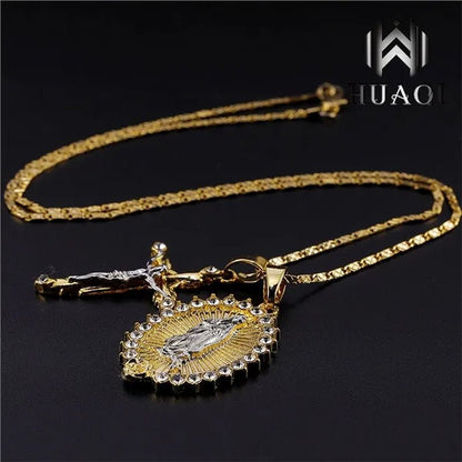 New Fashion18k Gold Plated Setting CZ Diamond Virgin Mary Necklace + Cross Necklace INRI Crucifix Jesus Piece Pendant Women Jewelry Christmas Gifts