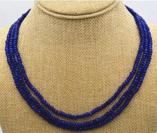 New NATURAL 3 Rows 2X4Mm FACETED DARK Blue Sapphire BEADS NECKLACE - WORLD TIME VISITS
