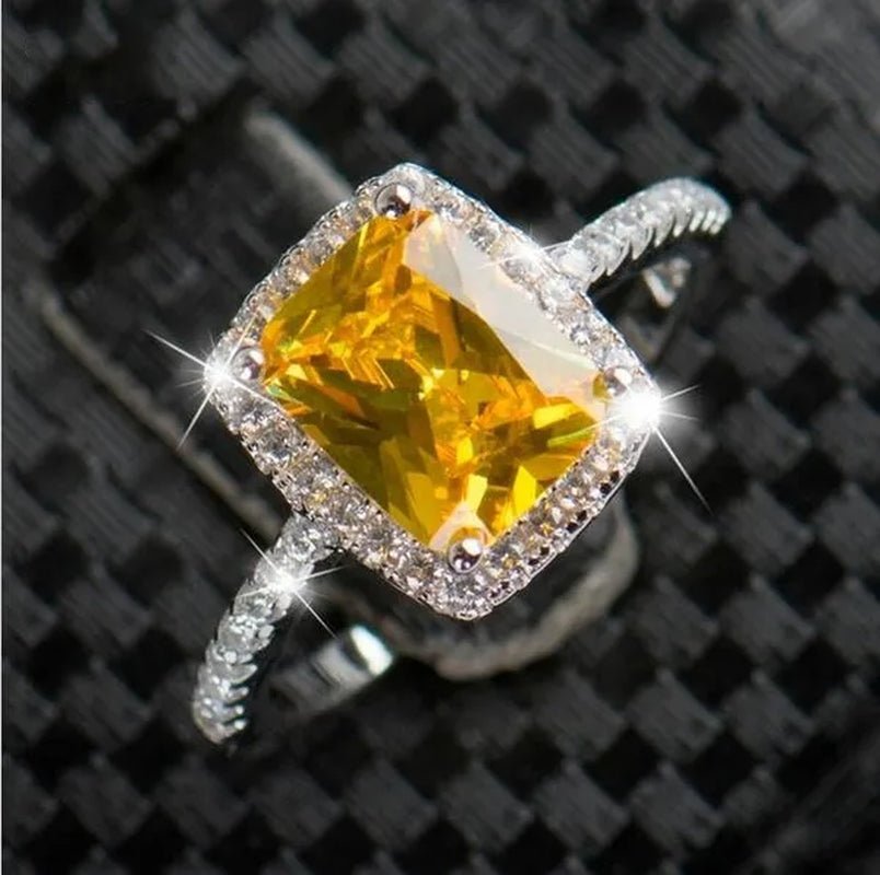 New Quality Wholesale 100% Real Pure 925 Sterling Silver 3Ct Yellow Topaz Square CZ Diamond Rings Elegant Women Engagement Wedding Rings - WORLD TIME VISITS