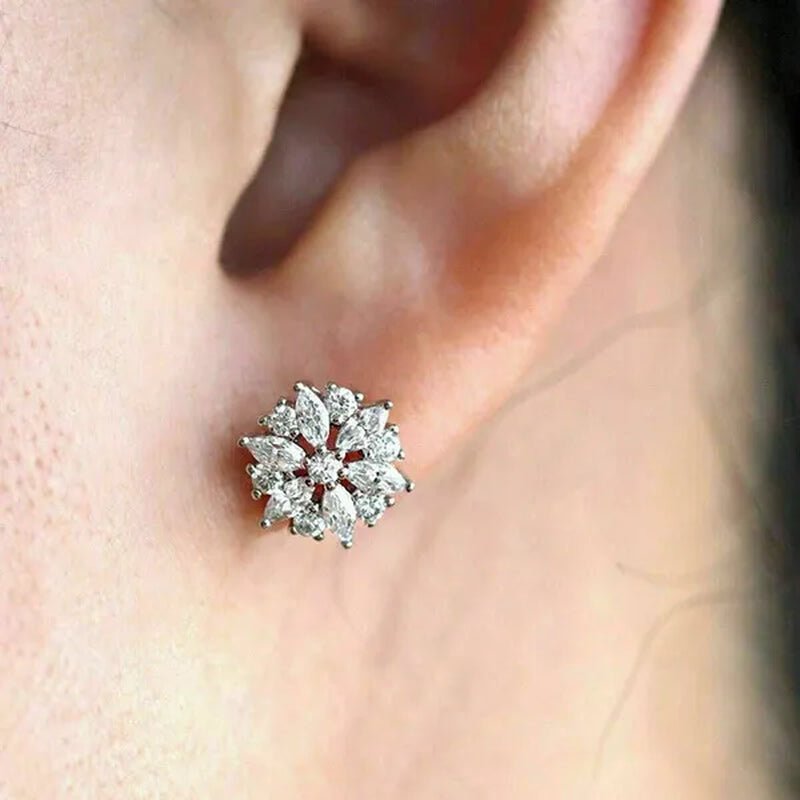 New Silver Marquise Cut Lab Diamond Snowflake Stud Earrings for Women Girls Christmas Gift Party Bridal Proposal Earring Jewelry