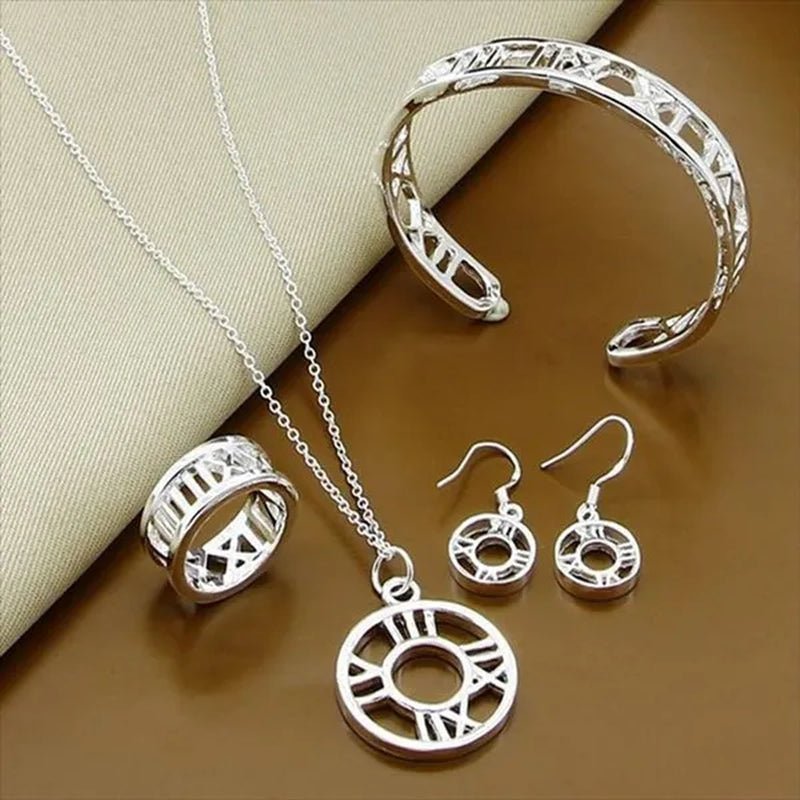 New Style 925 Sterling Silver Roman Numeral Earrings Bracelet Necklace Ring Set For Women Wedding Engagement Fashion Charm Jewel - WORLD TIME VISITS