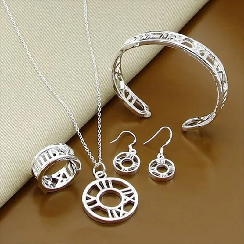 New Style 925 Sterling Silver Roman Numeral Earrings Bracelet Necklace Ring Set For Women Wedding Engagement Fashion Charm Jewel - WORLD TIME VISITS