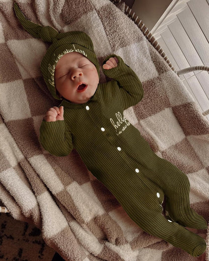 Newborn Infant Baby Boy Coming Homing Clothes Letter Print Button Knit Footed Romper Jumpsuit Hat Bibs 3Pcs Outfit - WORLD TIME VISITS