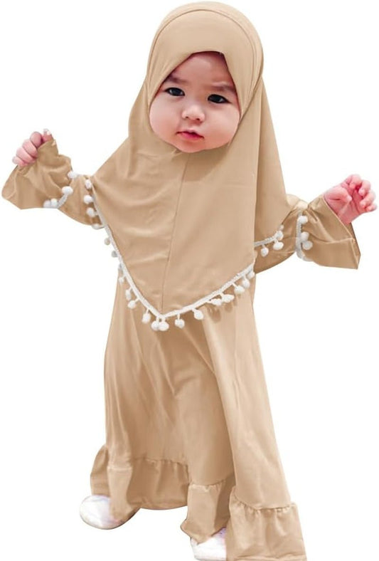 Newborn Infant Baby Girls Prayer Dress Muslim Clothes for Toddler Kids Long Sleeve Abaya with Hijab Two Piece Set - WORLD TIME VISITS
