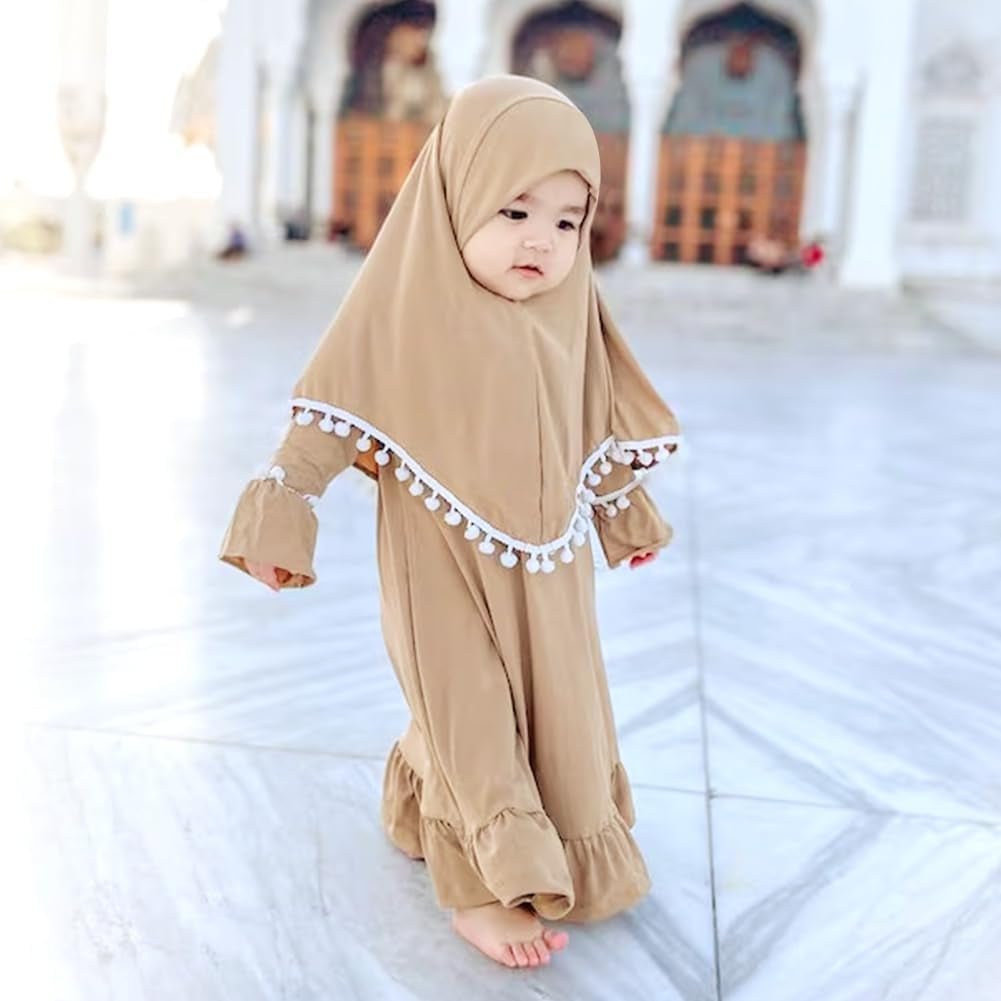 Newborn Infant Baby Girls Prayer Dress Muslim Clothes for Toddler Kids Long Sleeve Abaya with Hijab Two Piece Set - WORLD TIME VISITS