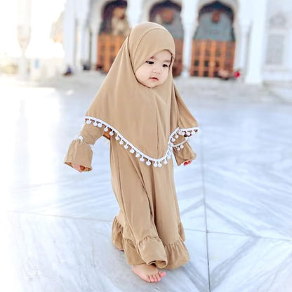 Newborn Infant Baby Girls Prayer Dress Muslim Clothes for Toddler Kids Long Sleeve Abaya with Hijab Two Piece Set - WORLD TIME VISITS