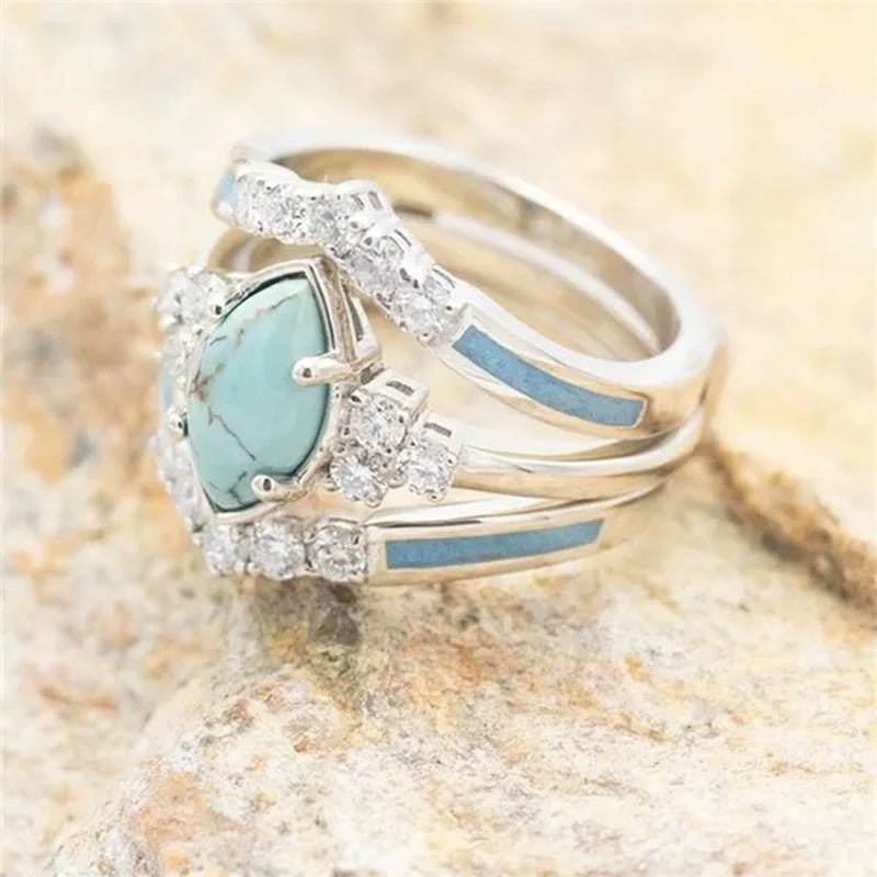 Newest 3Pcs/Set Women'S 18 K Gold Multilayer Hollow Turquoise Ring Band Exquisite Moissanite Engagement Wedding Rings Ethnic Anniversary Birthday Christmas Gift Jewelry