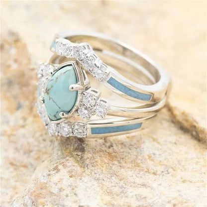 Newest 3Pcs/Set Women'S 18 K Gold Multilayer Hollow Turquoise Ring Band Exquisite Moissanite Engagement Wedding Rings Ethnic Anniversary Birthday Christmas Gift Jewelry