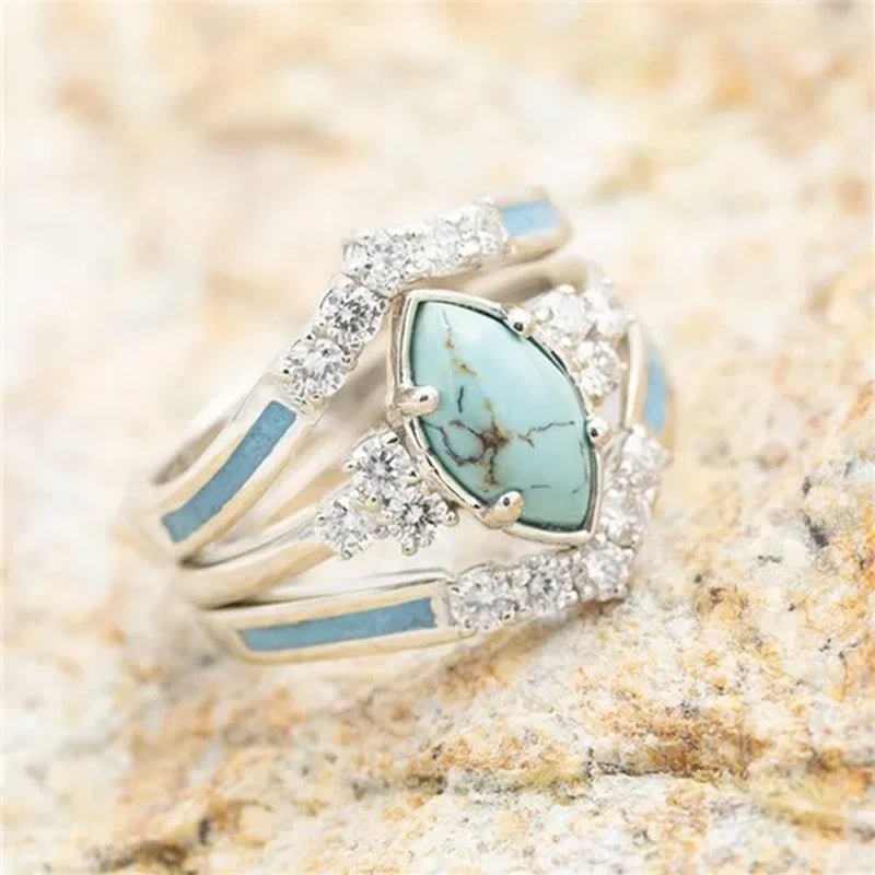 Newest 3Pcs/Set Women'S 18 K Gold Multilayer Hollow Turquoise Ring Band Exquisite Moissanite Engagement Wedding Rings Ethnic Anniversary Birthday Christmas Gift Jewelry