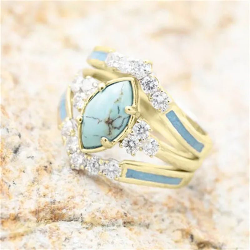 Newest 3Pcs/Set Women'S 18 K Gold Multilayer Hollow Turquoise Ring Band Exquisite Moissanite Engagement Wedding Rings Ethnic Anniversary Birthday Christmas Gift Jewelry