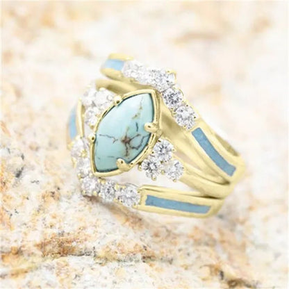 Newest 3Pcs/Set Women'S 18 K Gold Multilayer Hollow Turquoise Ring Band Exquisite Moissanite Engagement Wedding Rings Ethnic Anniversary Birthday Christmas Gift Jewelry