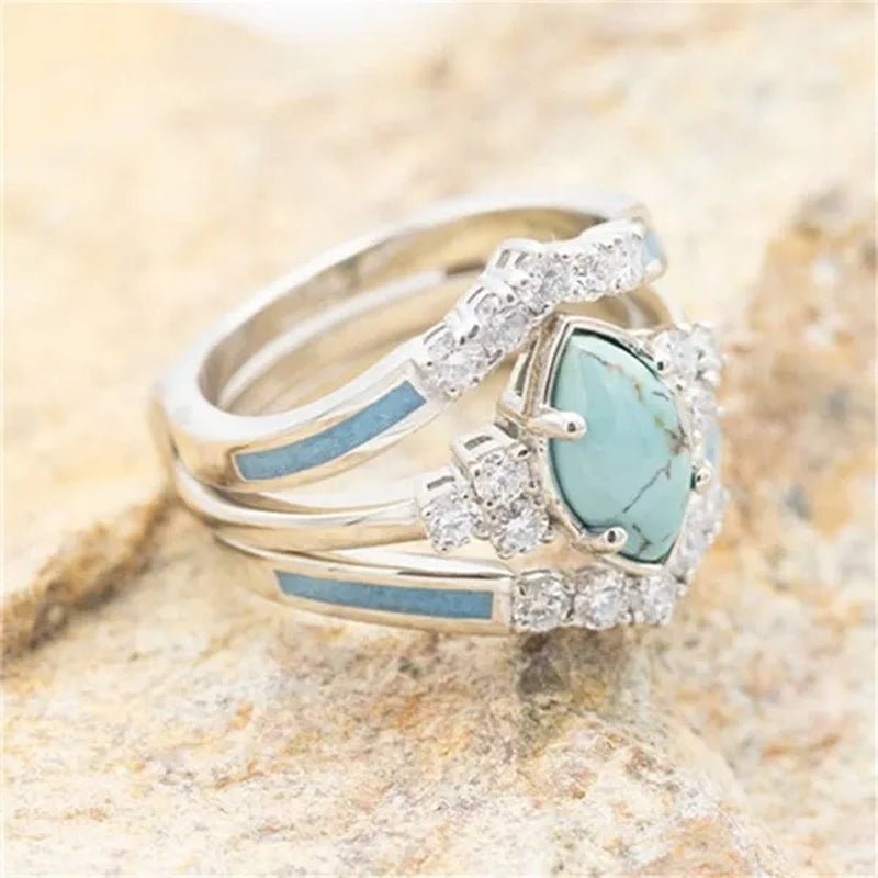 Newest 3Pcs/Set Women'S 18 K Gold Multilayer Hollow Turquoise Ring Band Exquisite Moissanite Engagement Wedding Rings Ethnic Anniversary Birthday Christmas Gift Jewelry - WORLD TIME VISITS