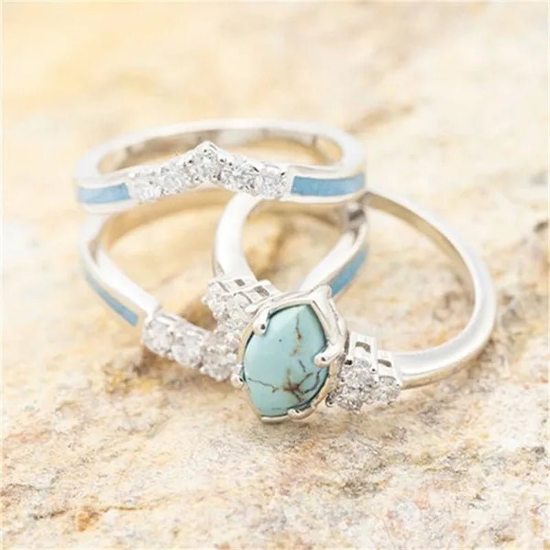Newest 3Pcs/Set Women'S 18 K Gold Multilayer Hollow Turquoise Ring Band Exquisite Moissanite Engagement Wedding Rings Ethnic Anniversary Birthday Christmas Gift Jewelry
