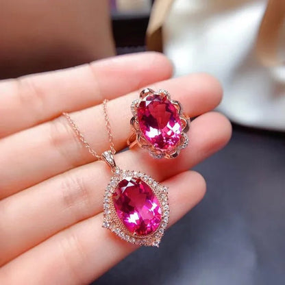 Newest Design Gemstone Jewelry Gold - plated South Africa Zircon AAA Ellipse Red Tourmaline Necklace Pendant Opening Adjustable Ring Set for Women - WORLD TIME VISITS