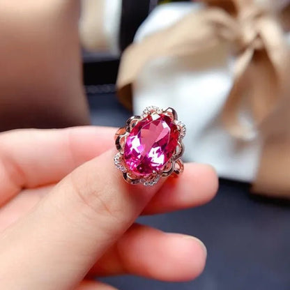 Newest Design Gemstone Jewelry Gold-plated South Africa Zircon AAA  Ellipse Red Tourmaline Necklace Pendant Opening Adjustable Ring Set for Women